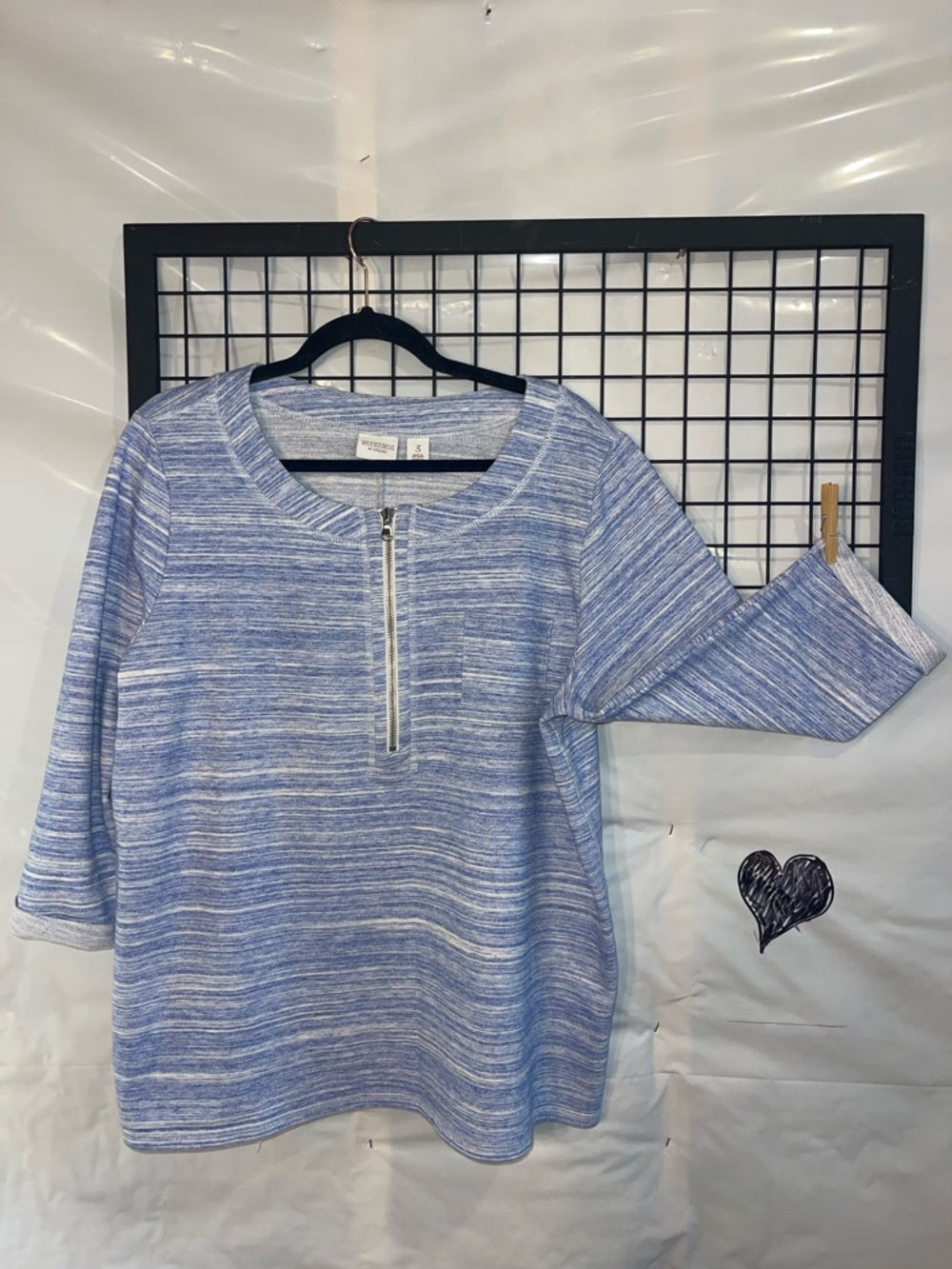 Chico's Weekends Heathered Blue and White Zip-Front Topi